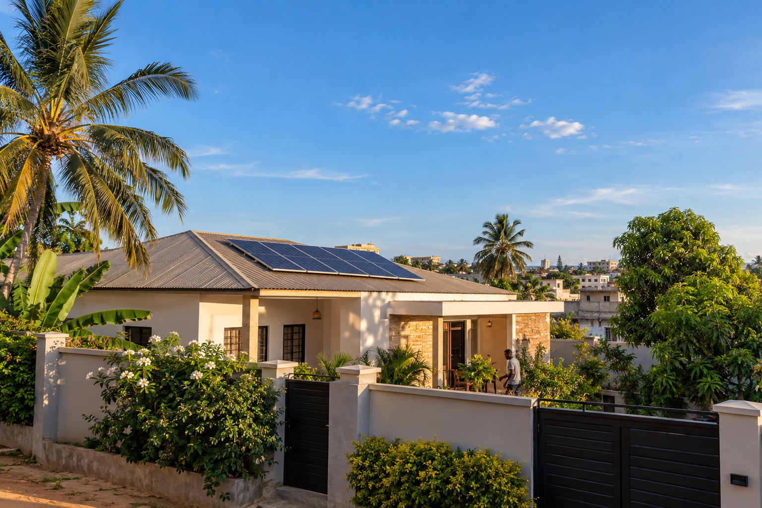 Maison au Togo équipée de panneaux solaires sous le soleil de fin de journée
